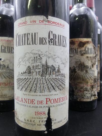 null 19 bouteilles de CHATEAU DES GRAVES Domaine Lalande de Pomerol 1988. Accidents...