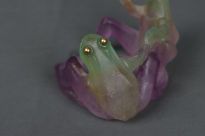 DAUM. Vide poche en pâte de verre violet et vert. 2 grenouilles assises aux yeux...