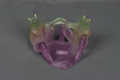 DAUM. Vide poche en pâte de verre violet et vert. 2 grenouilles assises aux yeux...