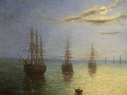 Eduardo de MARTINO (1838 - 1912, Vue flotte navale, huile sur panneau de bois, signée...