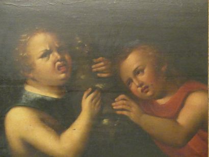 Enfants au chat Ecole du XVIIème siècle, Enfants au chat, huile sur panneau. Dimensions...
