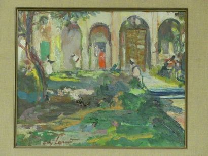 Edy Legrand Edy LEGRAND (1892-1970) Cour animée, huile sur panneau, Signé en bas...