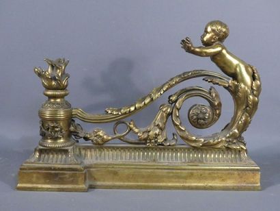 Chenet au Putto. Napoléon III Paire de chenets en bronze ciselé doré reposant sur...