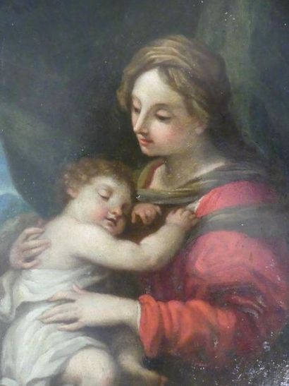 Vierge à l'Enfant. Ecole du XVIIème siècle. Vierge à l'Enfant. Huile sur cuivre....