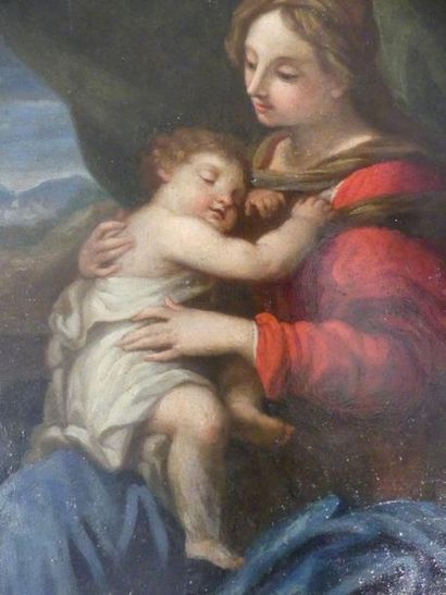Vierge à l'Enfant. Ecole du XVIIème siècle. Vierge à l'Enfant. Huile sur cuivre....