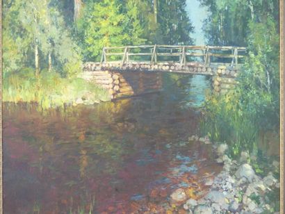 ECOLE XX°. Huile sur toile. Pont en rondins ECOLE RUSSE. Pont en rondins en forêt,...