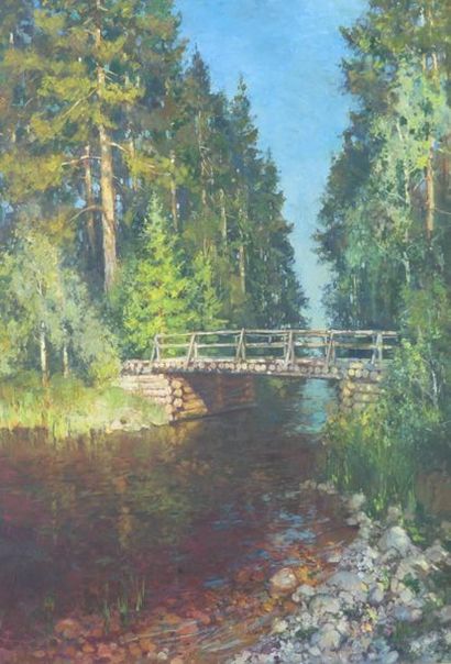 ECOLE XX°. Huile sur toile. Pont en rondins ECOLE RUSSE. Pont en rondins en forêt,...