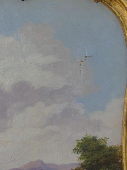 Paire de paysages à l'Antique. Ecole française du XVIIIème siècle. Paysages animés...