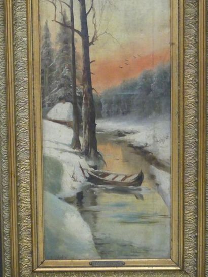 ÉCOLE RUSSE ECOLE RUSSE. Barque dans paysage d'hiver, huile sur toile Signé en bas...