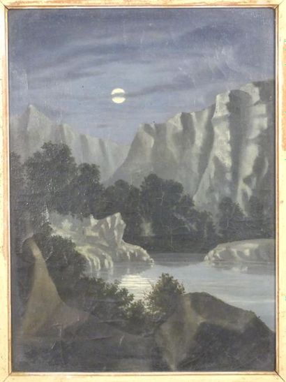 Paysage de pleine lune Ecole du début du XIXème siècle. Paysage de pleine lune, huile...