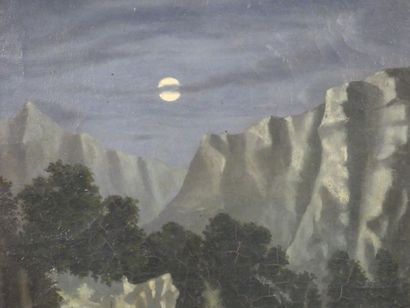 Paysage de pleine lune Ecole du début du XIXème siècle. Paysage de pleine lune, huile...