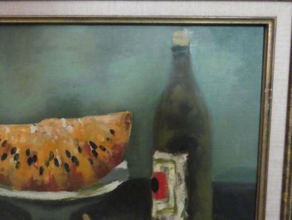 EUGENE BABOULENE Eugène BABOULENE (1905-1994) Melon et pêche, huile sur toile, Signé...