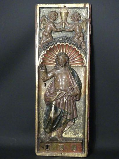 Panneau polychromé en bois, Jésus et putis, époque XVII Panneau en bois sculpté polychrome...