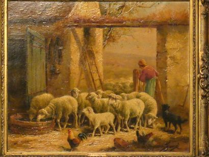 Jeanne FROMENT Jeanne FROMENT (XIXe-XXe) Moutons dans la bergerie, huile sur toile....