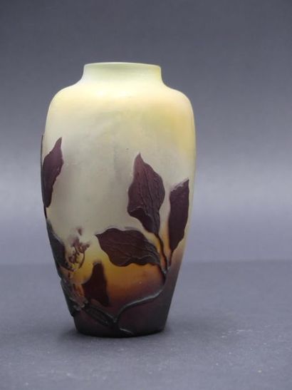 ÉTABLISSEMENT GALLÉ GALLE. Vase en verre gravé à l'acide à décor de fleurs. Hauteur...