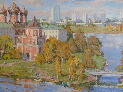 Petr Pavlovich GOLYUKOV (1922- 1993 ) Paysage russe avec basilique et gratte-ciels....