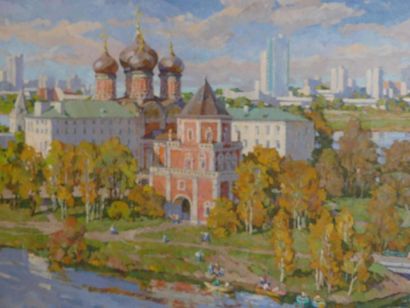 Petr Pavlovich GOLYUKOV (1922- 1993 ) Paysage russe avec basilique et gratte-ciels....
