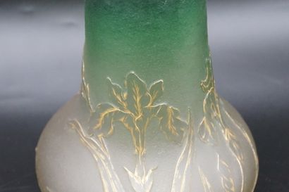 DAUM NANCY. Vase. DAUM NANCY. Vase en verre doublé à décor de fleurs, dégradé vert,...