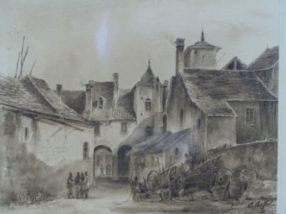 ETIENNE RAFFORT ETIENNE RAFFORT (1802-1895), vue de village, encre et lavis sur papier...