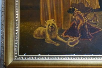 Scène de genre avec trois chiens Peinture sur porcelaine Ecole française du XX ième...