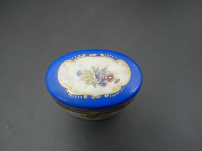 SÈVRES LIMOGES dans le goût de Sèvres. Boite en porcelaine bleue à décor de fleurs...