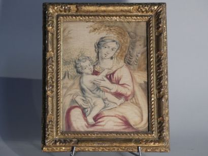 Vierge à l'enfant, broderie polychrome Ecole française début XVII siècle, Vierge...