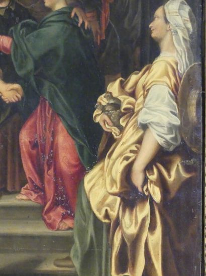 Ecole du Nord début XVII siècle, la vierge et sainte Anne entourées de personnages...