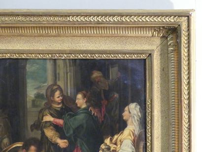 Ecole du Nord début XVII siècle, la vierge et sainte Anne entourées de personnages...