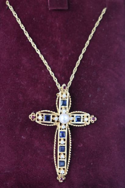 null Collier en or 750, pendentif croix serti d'une perle de culture, six saphir,...