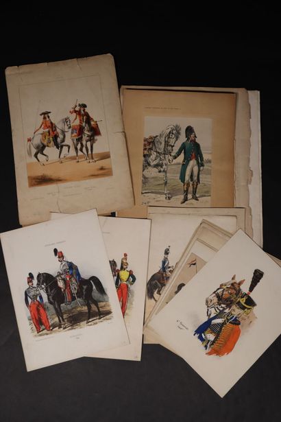 null [GRAVURES XIXe. de CAVALIERS, HUSSARDS, DRAGONS etc. et leurs CHEVAUX] - Ensemble...