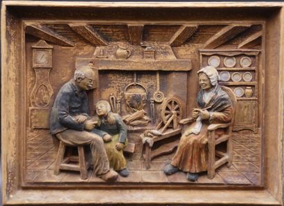 Panneau en bois sculpté H. MAROT, Scène d'Intérieur de ferme, panneau en bois sculpté...
