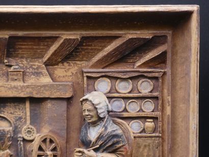 Panneau en bois sculpté H. MAROT, Scène d'Intérieur de ferme, panneau en bois sculpté...