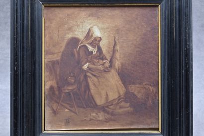 null Ecole du XIXème siècle, Femme dans un intérieur paysan, peinture sur plaque...