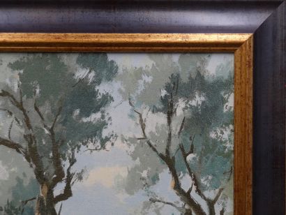 PAYSAGE HUILE SUR BOIS Ecole française du XXème siècle, Paysage au arbres, huile...