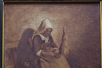 null Ecole du XIXème siècle, Femme dans un intérieur paysan, peinture sur plaque...