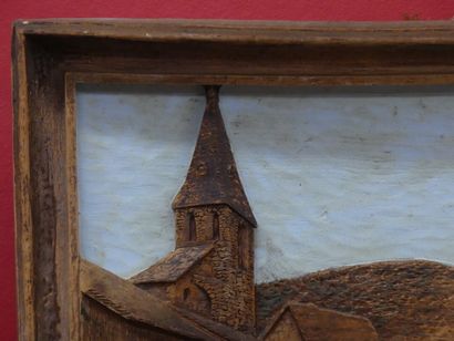 Panneau en bois sculpté YANNICH , Scène de village, Panneau en bois sculpté en relief,...