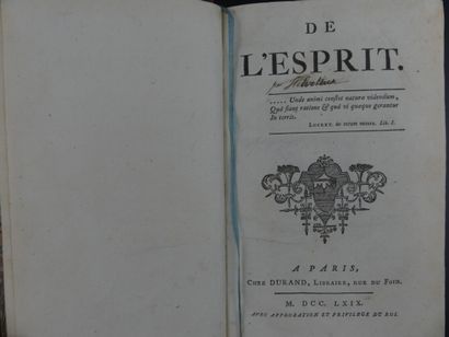 DE L'ESPRIT, 1769. DE L'ESPRIT, essai de Claude-Adrien Helvétius paru, sans nom d'auteur,...