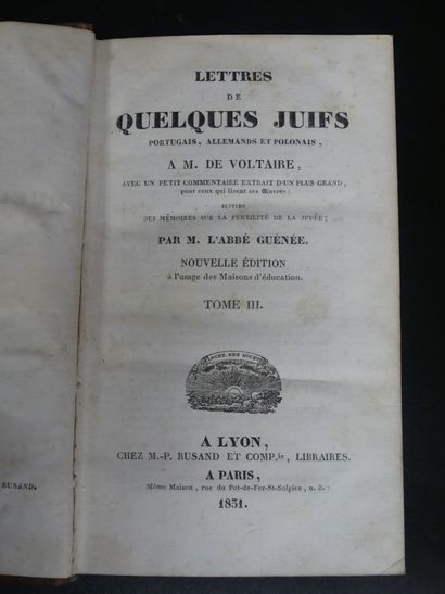 Lettres de Quelques Juifs à M. DE VOLTAIRE, 1851. Lettres de Quelques Juifs Portugais,...