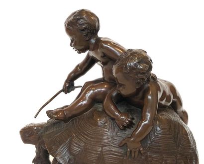 TORTUE Louis Ernest BARRIAS (1841-1905). Enfants jouant sur une tortue géante en...