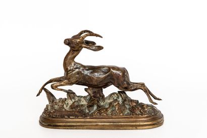 Gazelle Isidore Jules BONHEUR (1827-1901). Gazelle sautant en bronze à patine brune...