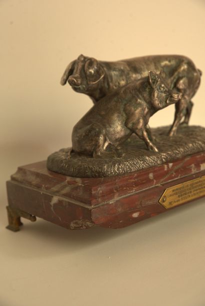 Cochons Isidore Jules BONHEUR (1827-1901). Rare ensemble de cochons en bronze argenté,...