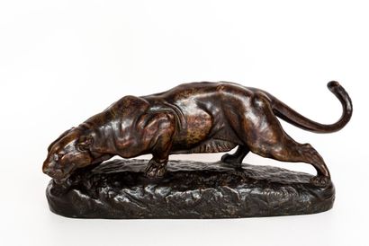 Panthère Clovis-Edmond MASSON (1838-1913). Panthère aux aguets en bronze à patine...