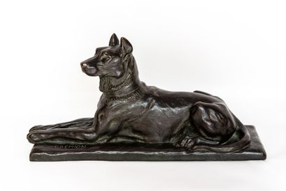 Dogue Charles GREMION (XIX-XX). Dogue couché en bronze à patine noire. Signé - début...