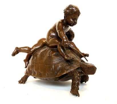 TORTUE Louis Ernest BARRIAS (1841-1905). Enfants jouant sur une tortue géante en...