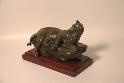 Panthère Charles Valton (1851-1901). Panthère couchée sur un rocher, bronze patiné...