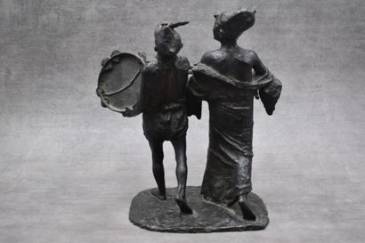 F. DE MATTEIS, Bronze F. DE MATTEIS, Couple de musiciens. Bronze à patine noire,...