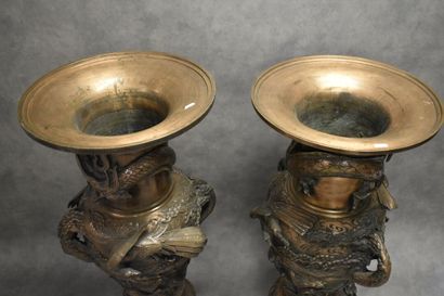 null JAPON. Paire de vases en bronze à patine brune à décor de volatiles et de dragons....