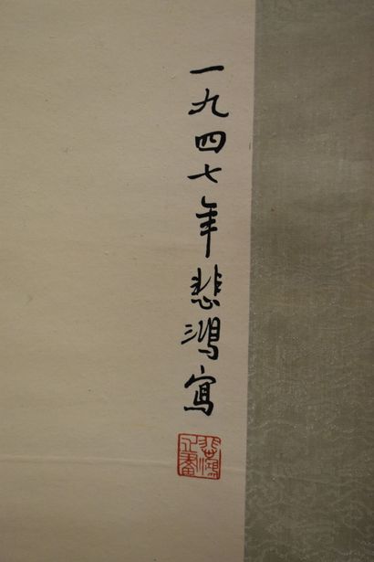 XU BEIHONG XU Beihong (1895-1953) (dans le goût de). Cheval, encre sur rouleau. Inscriptions...