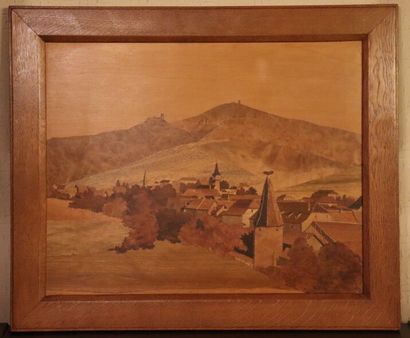 null Charles SPINDLER (1865-1938). Paysage d'Alsace, panneau de marqueterie, signé...