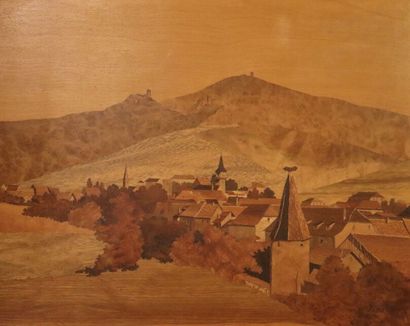 null Charles SPINDLER (1865-1938). Paysage d'Alsace, panneau de marqueterie, signé...